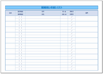 Excel結婚祝いお返しリスト